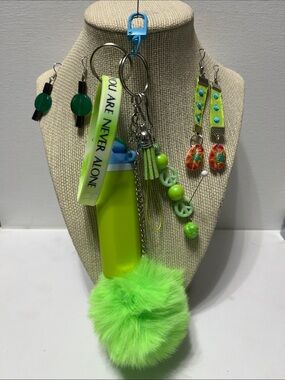 6 pc Gift Set Neon Pom Pom Keychain Inspirational wristlet Purse Charm earring